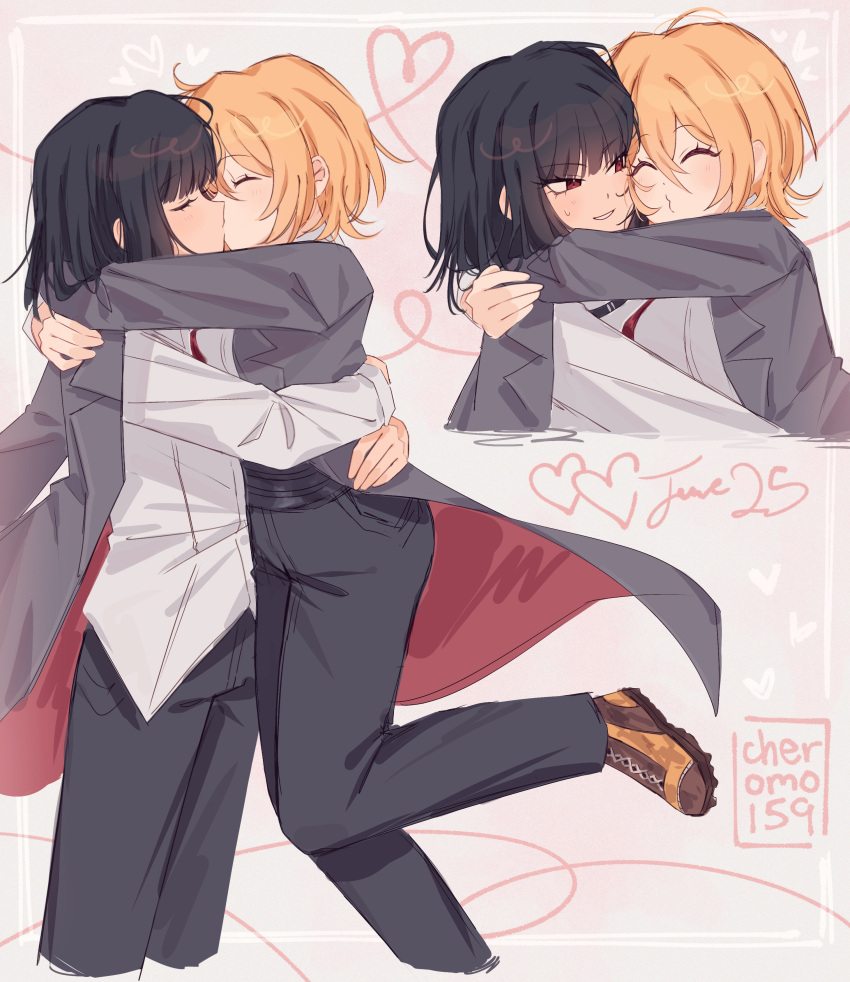 2girls, absurdres, black_hair, black_pants, blonde_hair, bob_cut, brown_footwear, cheromo159, closed_eyes, coat, cowboy_shot, dated, don_quixote_(project_moon), dress_shirt, feet_out_of_frame, grey_coat, grey_jacket, heart, highres, hug, jacket, kiss, leg_up, limbus_company, long_sleeves, multiple_girls, o3o, pants, project_moon, red_eyes, ryoshu_(project_moon), shirt, short_hair, smile, suit_jacket, untucked_shirt, white_shirt, yuri