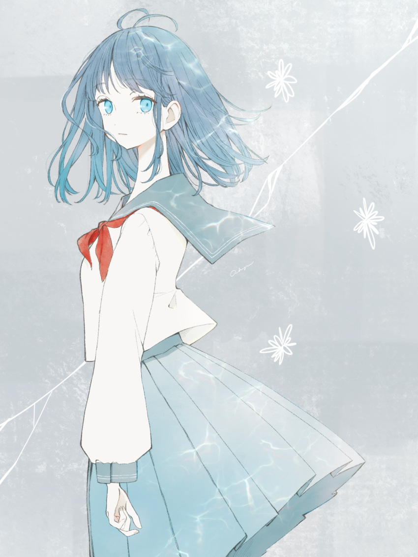 1girl, akiyu, artist_name, blue_eyes, blue_hair, blue_sailor_collar, blue_skirt, commentary_request