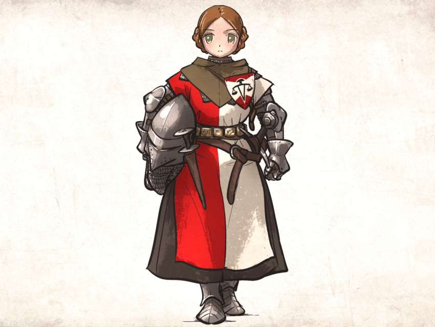 1girl, armor, aventail, bascinet, belt, braid, braided_bun, brown_hair, chainmail, closed_mouth, commentary, couter, dagger, dress, emblem, english_commentary, facing_viewer, full_armor, gauntlets, gloves, greaves, green_eyes, grey_footwear, grey_helmet, hair_bun, helmet, holding, holding_helmet, hounskull, ironlily, knife, knight, lady_johnna_(ironlily), layered_armor, long_sword, medieval, ordo_mediare_sisters_(ironlily), rerebrace, sabaton, scabbard, sheath, simple_background, solo, standing, sword, vambraces, weapon