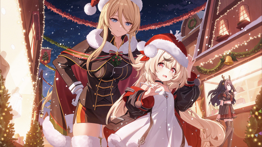 3girls, absurdres, antlers, azur_lane, bell, bismarck_(azur_lane), black_cape, black_choker