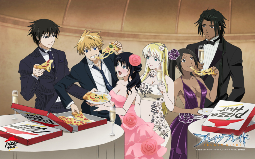 2boys, 3girls, aqua_eyes, black_eyes, black_hair, blade), blonde_hair, blue_eyes, break_blade, cleo_(break_blade), cleo_saubraffe, dark_skin, dress, flower, food, formal, hair_flower, hair_ornament, height_difference, hodr, long_hair, multiple_boys, multiple_girls, narvi, narvi_sutoraizu, official_art, pizza, pizza_hut, product_placement, rygart_arrow, short_hair, sigyn_erster, size_difference, wallpaper, zess