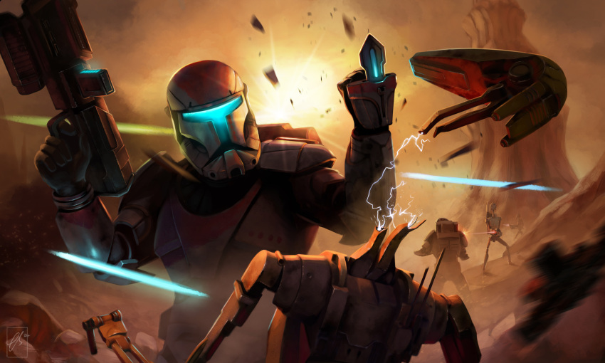 4boys, absurdres, b1_battle_droid, boss_(star_wars), droid, electricity, gun, helmet