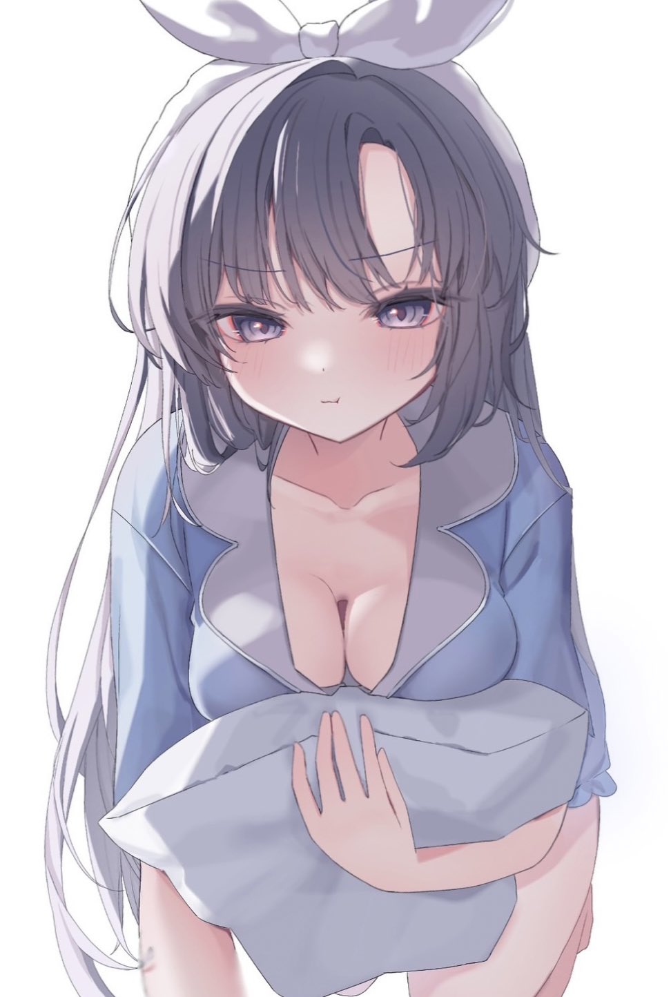 0219_142, 1girl, :t, black_hair, blue_archive, blue_eyes, blue_pajamas, bow_hairband, breasts, closed_mouth, collarbone, hairband, highres, holding, holding_pillow, kneeling, leaning_forward, long_hair, looking_at_viewer, medium_breasts, official_alternate_costume, official_alternate_hairstyle, pajamas, parted_bangs, pillow, puffy_cheeks, simple_background, solo, straight_hair, v-shaped_eyebrows, white_background, white_hairband, yuuka_(blue_archive), yuuka_(pajamas)_(blue_archive)