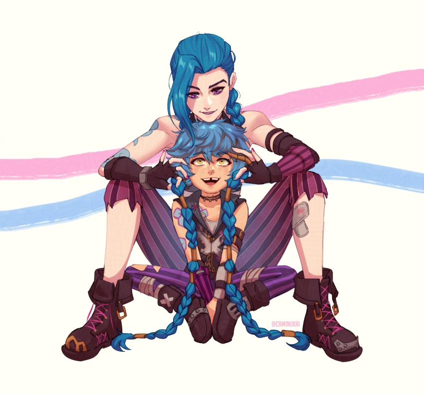 2girls, arcane:_league_of_legends, arcane_jinx, arm_tattoo, artist_name, bare_shoulders, black_gloves, blue_hair
