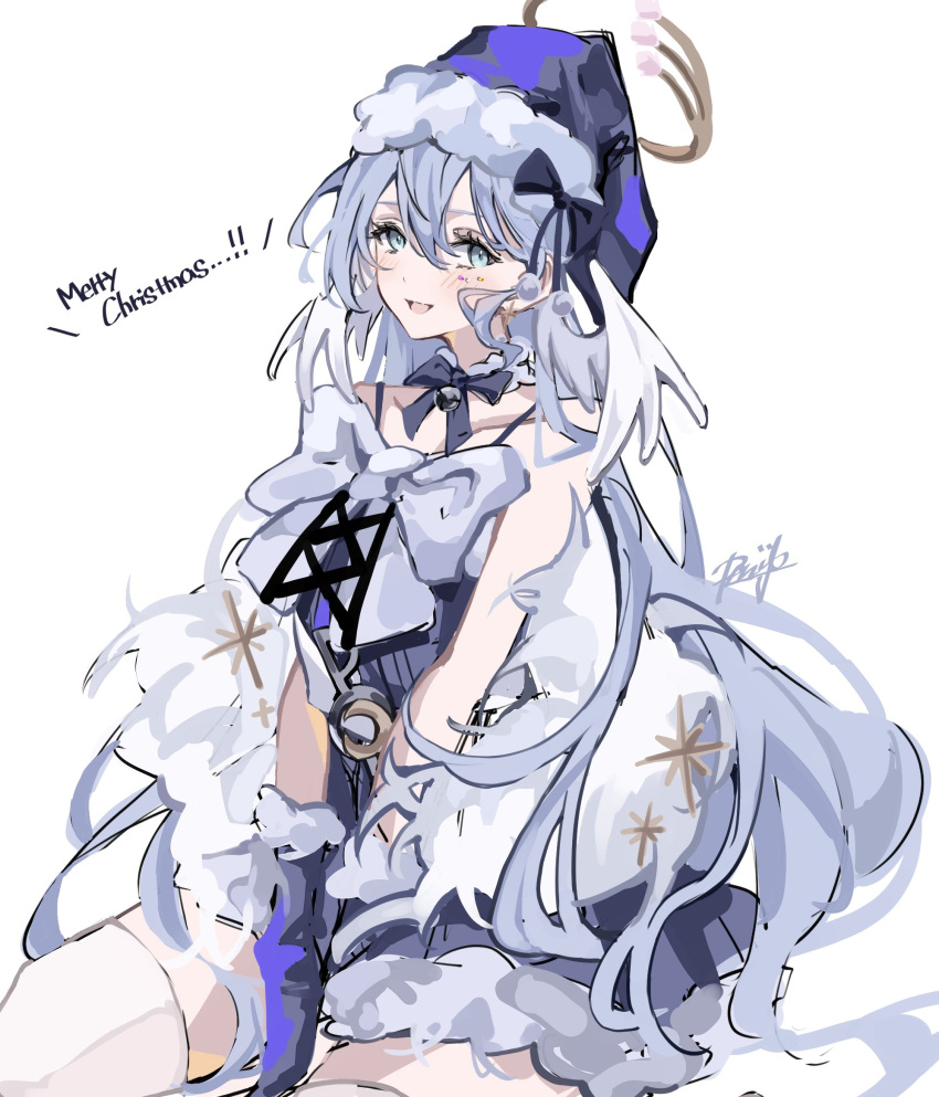1girl, alternate_costume, bare_shoulders, blue_hair, bow, bowtie, dress, english_text