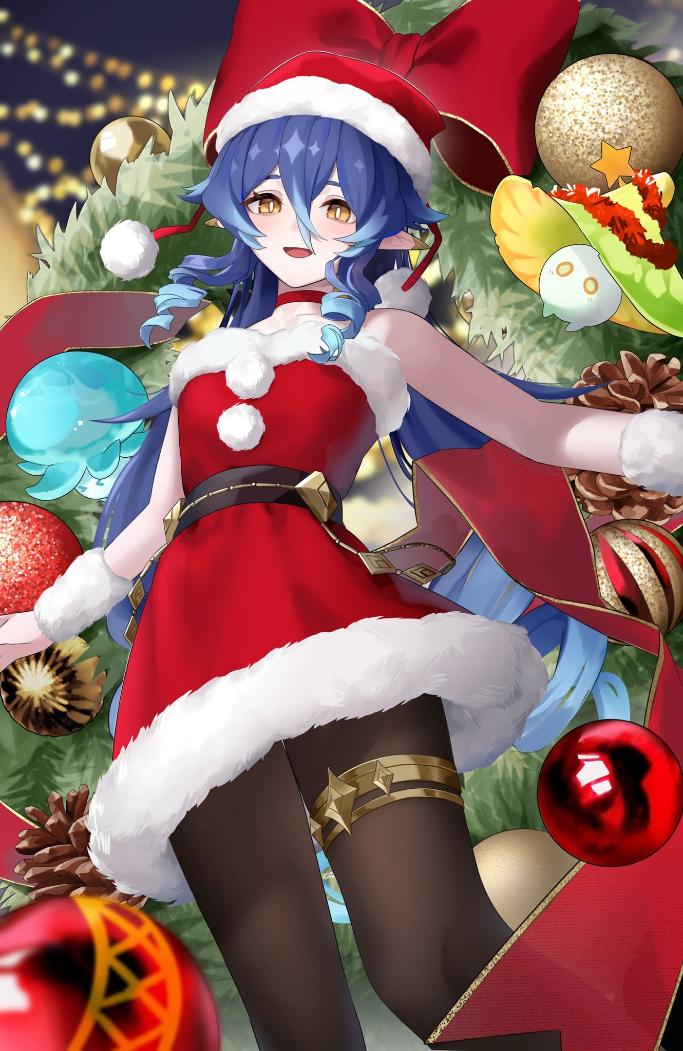 1girl, alternate_costume, black_pantyhose, blue_hair, bow, choker, collarbone, commentary_request