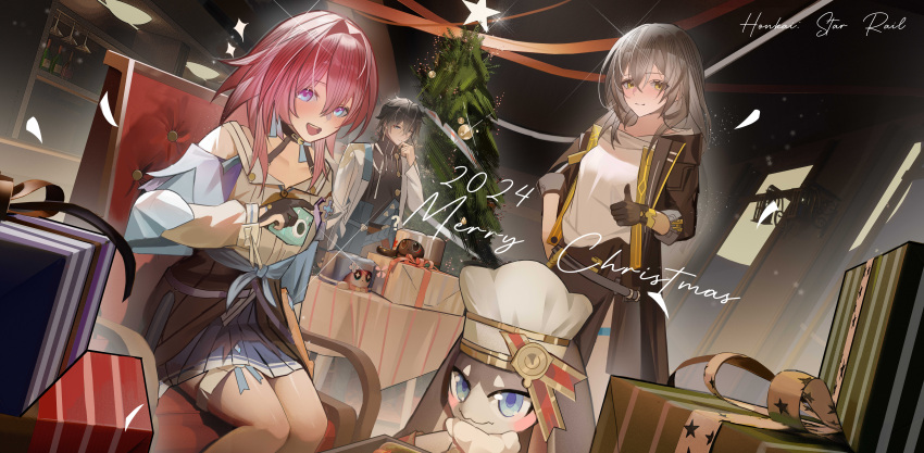 1boy, 1other, 2024, 2girls, absurdres, black_choker, black_corset, black_gloves, blue_eyes, blue_jacket, blue_skirt, bra_strap, camera, chinese_commentary, choker, christmas_present, christmas_tree, commentary_request, copyright_name, corset, dan_heng_(honkai:_star_rail), dan_heng_(rice_dumpling)_(honkai:_star_rail), dutch_angle, earrings, english_commentary, flower_ornament, gift, gloves, hair_intakes, highres, holding, holding_camera, honkai:_star_rail, honkai_(series), incredibly_absurdres, jacket, jewelry, long_sleeves, looking_at_viewer, march_7th_(honkai:_star_rail), march_7th_(ice_cake)_(honkai:_star_rail), march_7th_(preservation)_(honkai:_star_rail), medium_hair, merry_christmas, miniskirt, mixed-language_commentary, multiple_girls, on_chair, open_mouth, partially_fingerless_gloves, pink_eyes, pink_hair, pink_pupils, pleated_skirt, pom-pom_(honkai:_star_rail), shirt, single_earring, sitting, skirt, smile, stelle_(honkai:_star_rail), teeth, thigh_strap, thumbs_up, tied_jacket, trailblazer_(honkai:_star_rail), two-tone_eyes, underbust, upper_teeth_only, white_shirt, xiaojuan_(user_ezvt7287)