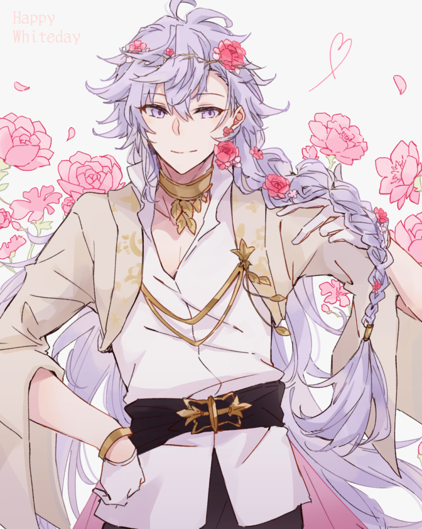 1boy, ahoge, belt, black_belt, bracelet, braid, closed_mouth, collared_shirt, cowboy_shot, cropped_jacket, falling_petals, fate/grand_order, fate_(series), flower, flower_braid, gloves, hair_between_eyes, hair_flower, hair_lift, hair_ornament, hand_on_own_hip, hand_up, happy_white_day, head_wreath, heart, highres, jacket, jewelry, kak_hac, lapels, long_hair, long_sleeves, looking_at_viewer, male_focus, merlin_(fate), merlin_(overnight_dream)_(fate), open_clothes, open_collar, open_jacket, petals, pink_flower, pink_rose, purple_hair, rose, shawl_lapels, shirt, side_braid, simple_background, single_braid, single_sidelock, smile, solo, very_long_hair, violet_eyes, white_background, white_gloves, white_shirt, wide_sleeves, yellow_jacket