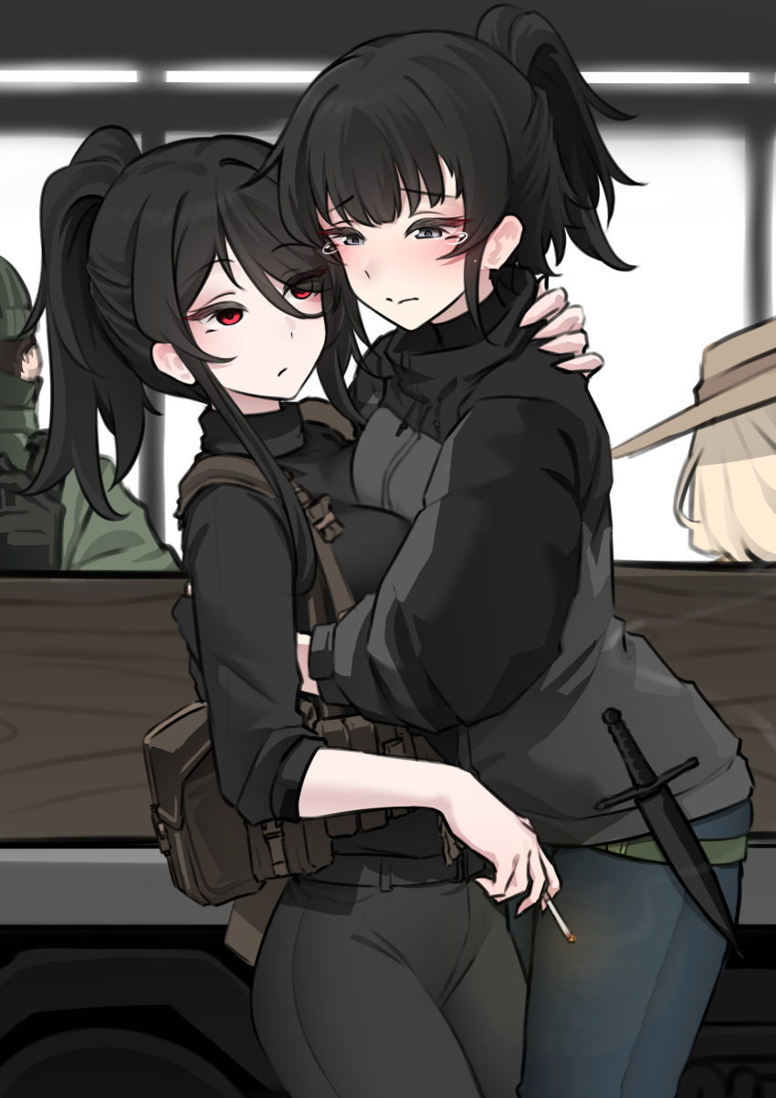 :/, absurdres, ammunition_pouch, asymmetrical_docking, bandit-chan_(k0ng), beanie, black_hair, black_jacket