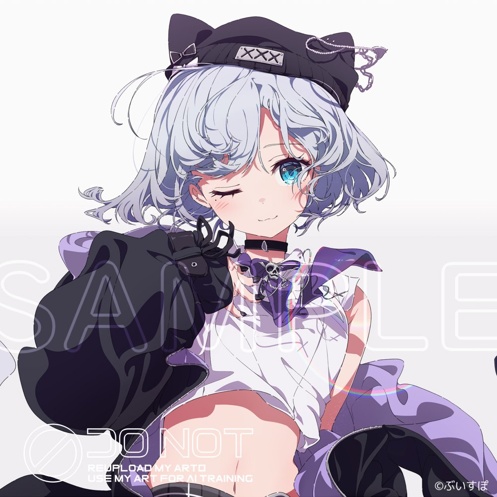 1girl, :3, beanie, black_choker, black_hat, black_jacket, blue_eyes, choker
