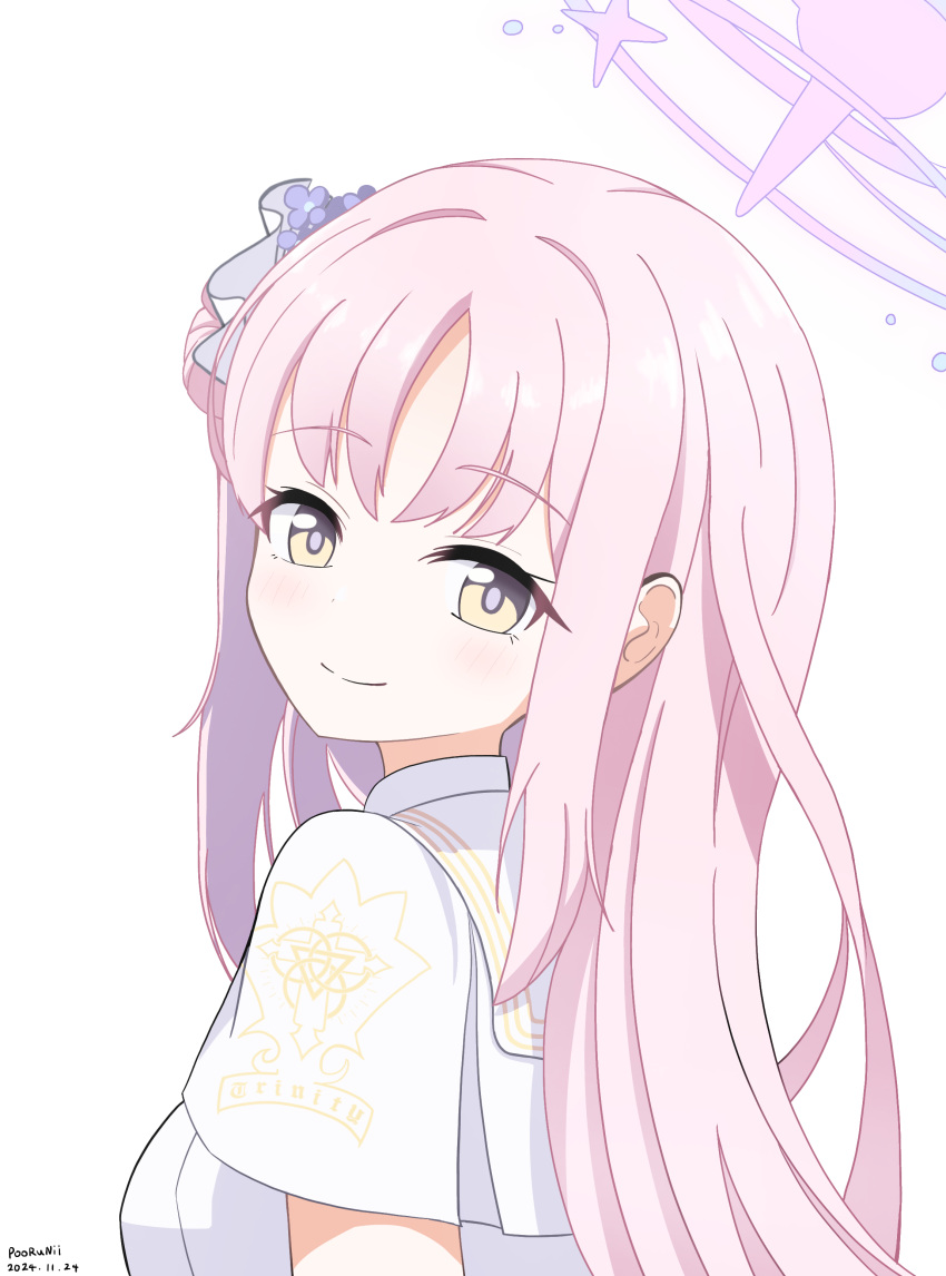 1girl, absurdres, artist_name, blue_archive, blush, breasts, capelet, closed_mouth, commentary_request, dated, dress, flower, hair_bun, hair_flower, hair_ornament, highres, korean_commentary, long_hair, looking_at_viewer, looking_back, medium_breasts, mika_(blue_archive), pink_hair, poorunii, side_up_bun, sidelocks, simple_background, single_hair_bun, smile, solo, star_(symbol), trinity_general_school_logo, upper_body, very_long_hair, white_background, white_capelet, yellow_eyes