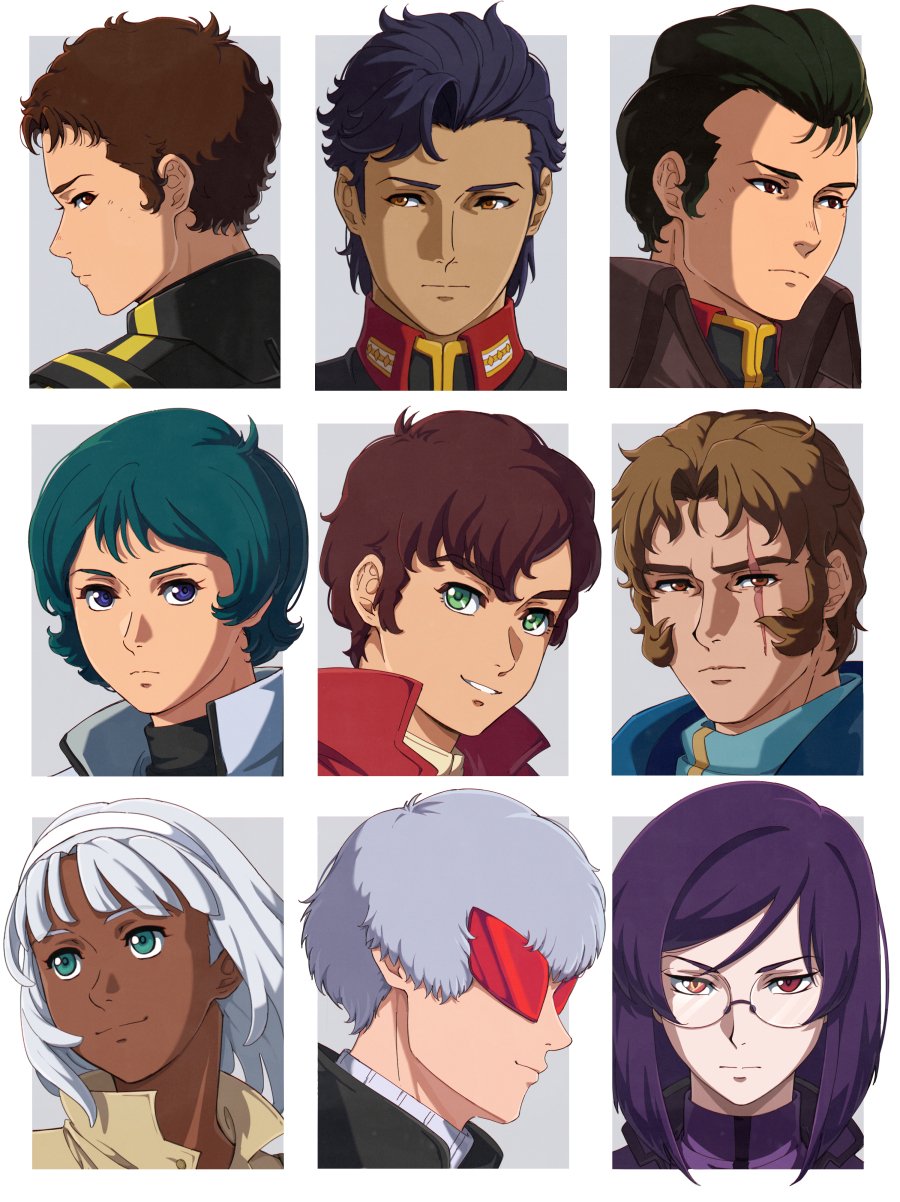 6+boys, after_war_gundam_x, black_hair, blue_eyes, bright_noa, brown_eyes, brown_hair, char's_counterattack