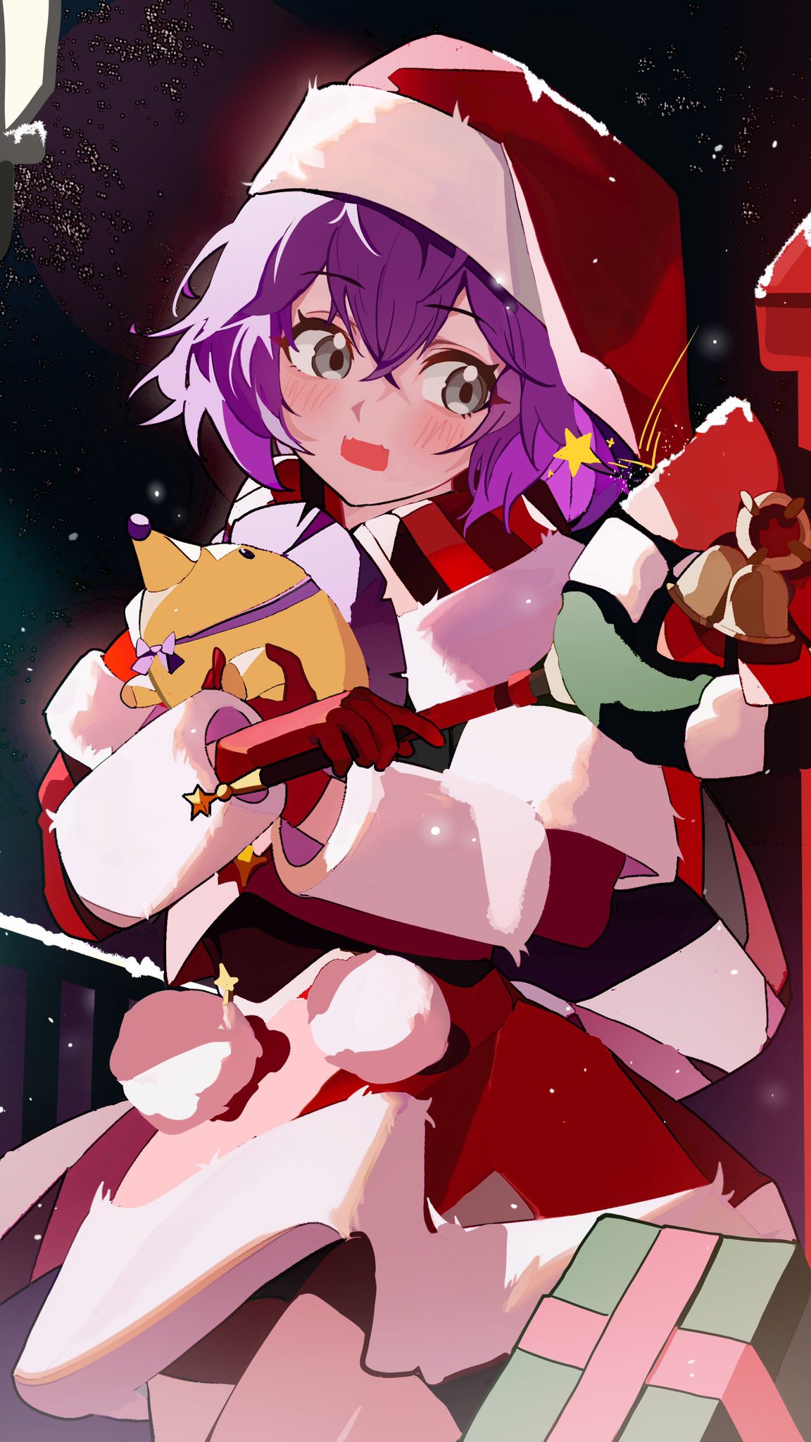 1girl, bell, bernadetta_von_varley, bernadetta_von_varley_(winter), bike_shorts, blush, capelet, christmas