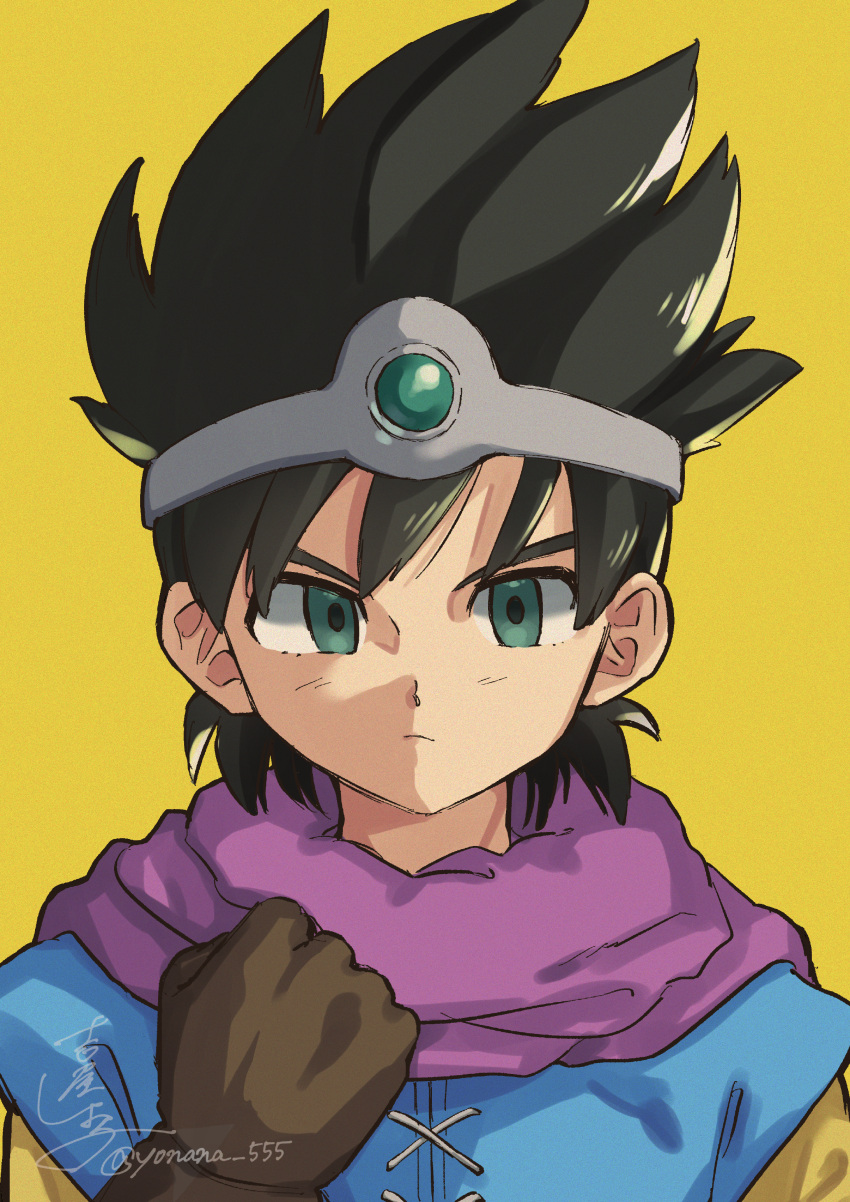 1boy, absurdres, aqua_eyes, black_hair, blue_tunic, brown_gloves, cape, circlet
