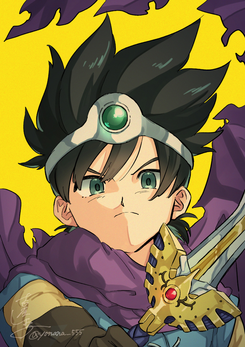 1boy, absurdres, aqua_eyes, black_hair, blue_tunic, brown_gloves, cape, circlet