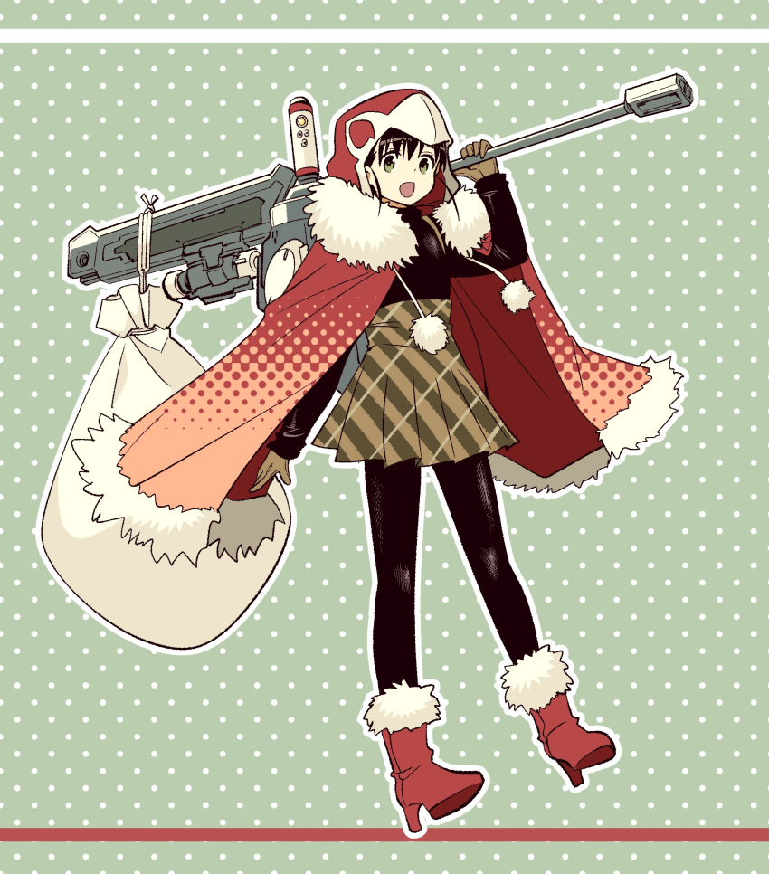 absurdres, capelet, christmas, fur-trimmed_capelet, fur_trim, gun, hair_between_eyes, hawkeye_girl_(mechanical_buddy_universe)