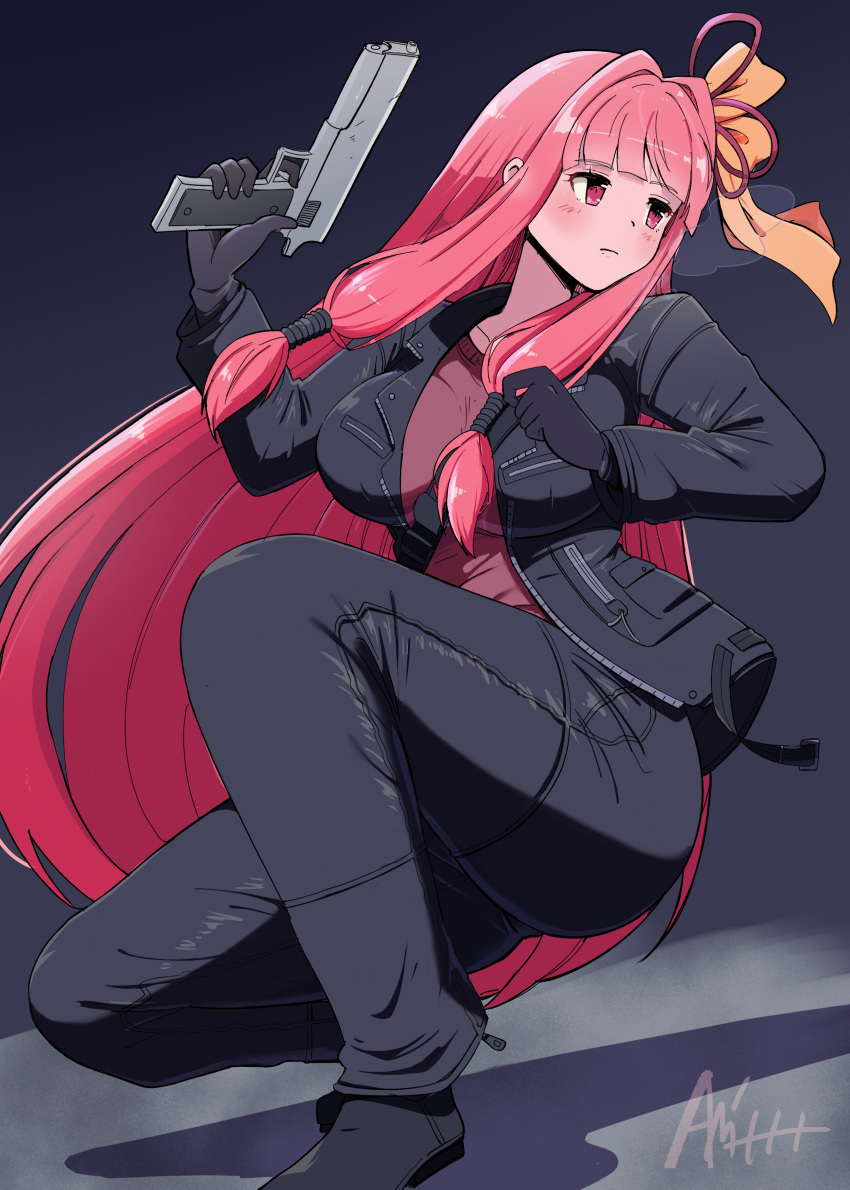 1girl, absurdres, alternate_costume, android, black_background, black_footwear, black_gloves, black_jacket