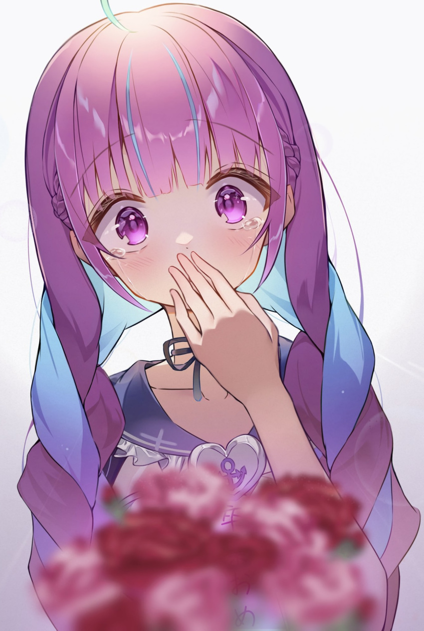 1girl, ahoge, anchor_print, aqua_hair, blue_ribbon, blue_sailor_collar, blurry, blurry_foreground