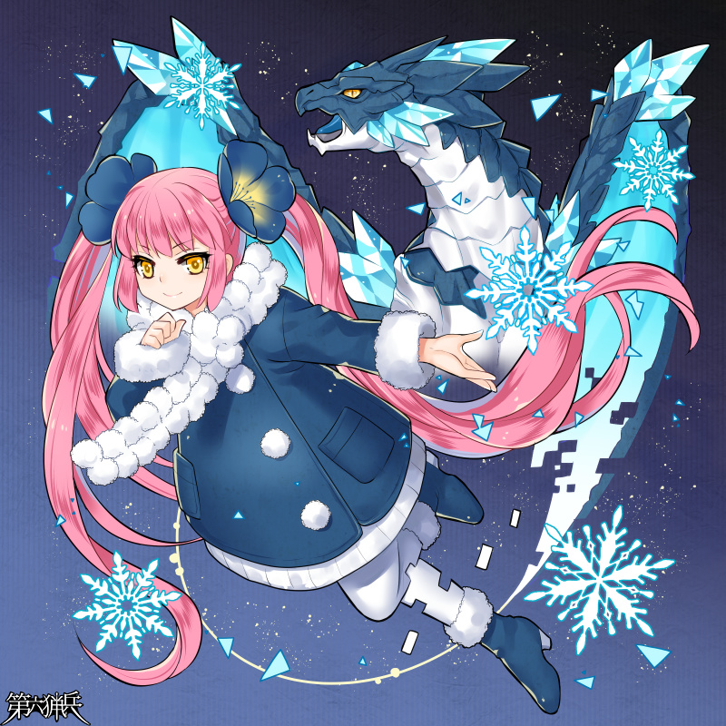 1girl, boots, coat, copyright_name, dairoku_ryouhei, dragon, ena_(tommy_walker), flower