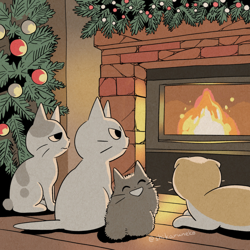 animal_focus, cat, christmas_ornaments, commentary_request, fire, fireplace, highres, indoors