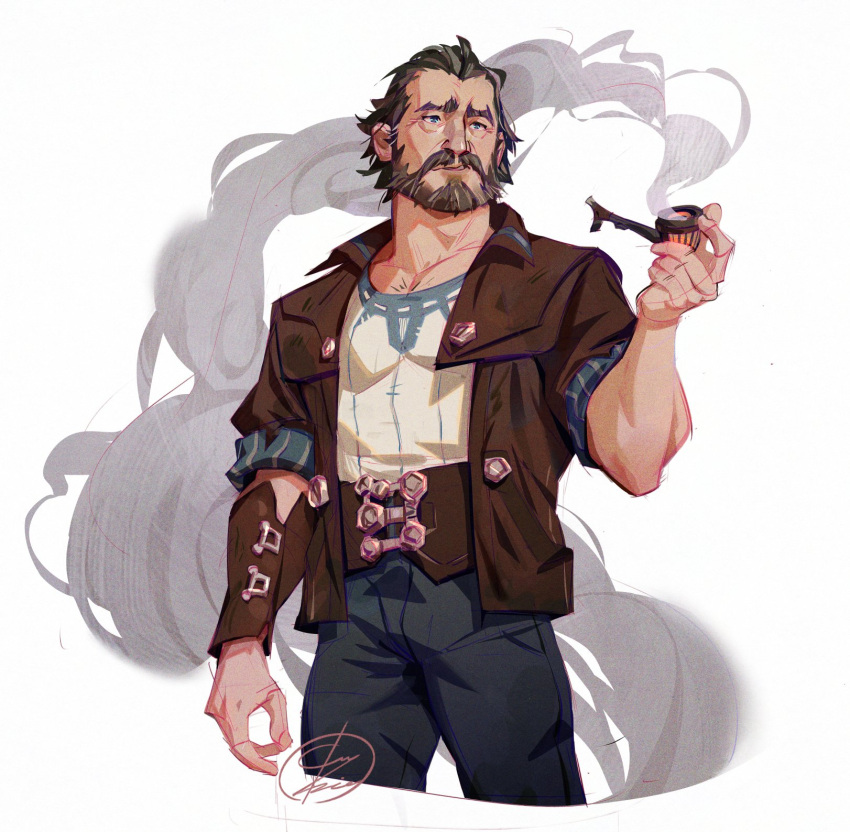 1boy, arcane:_league_of_legends, beard, blue_eyes, blue_pants, brown_jacket, english_commentary, facial_hair