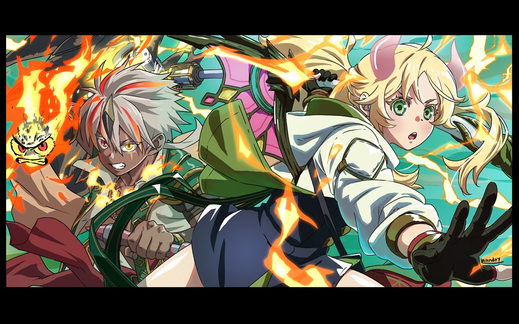 1boy, 1girl, ahoge, albaz_(yu-gi-oh!), armor, blonde_hair, clenched_teeth, dark-skinned_male