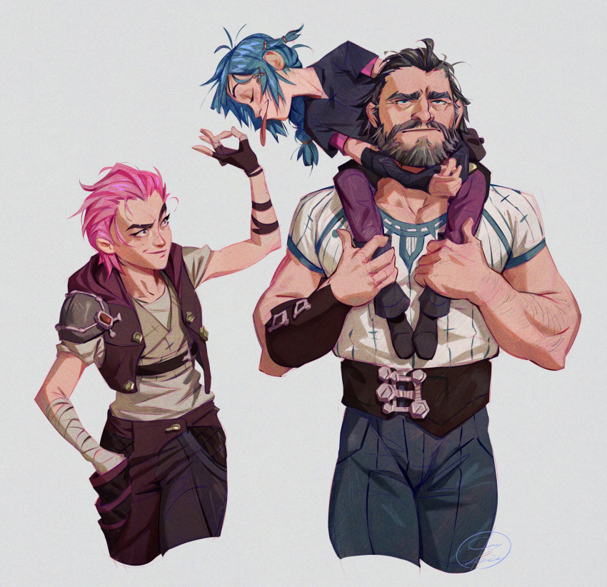 1boy, 2girls, arcane:_league_of_legends, arcane_vi, bandaged_arm, bandages, beard, black_hair