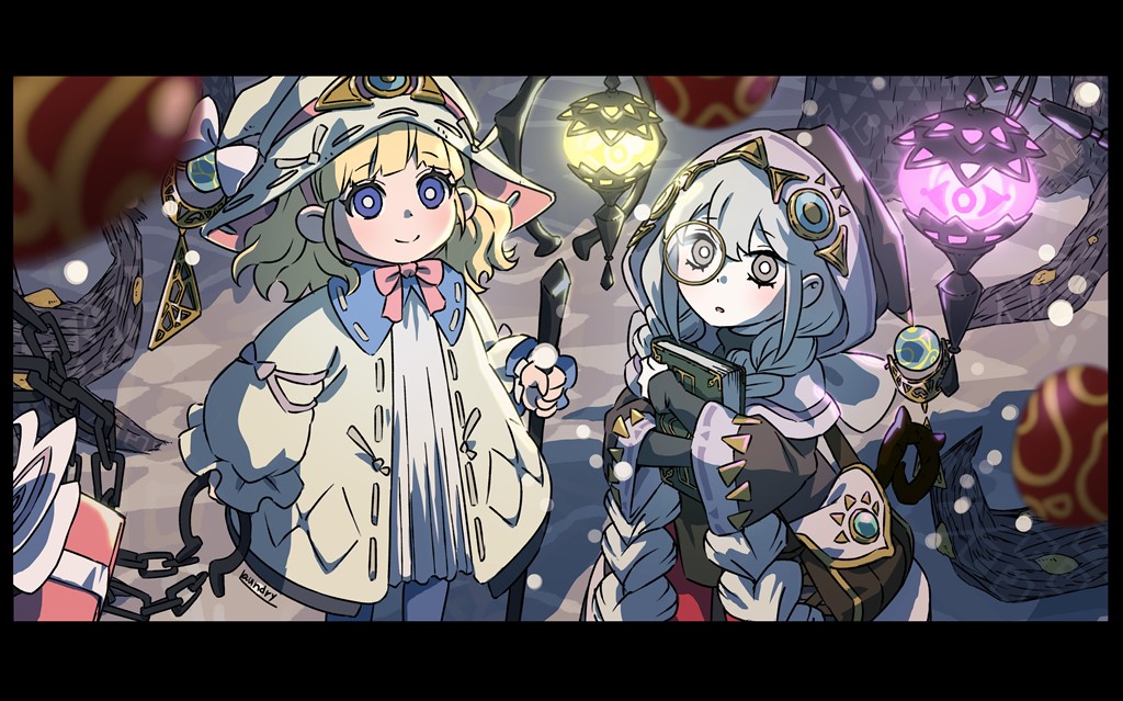 2girls, astellar_of_the_white_forest, blonde_hair, blue_eyes, blurry, blurry_foreground, book, braid