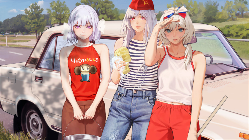 3girls, ak-12_(girls'_frontline), alternate_costume, an-94_(girls'_frontline), blonde_hair, blue_eyes, car, cheburashka