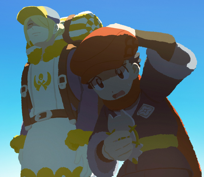 2boys, absurdres, arc_phone, arm_behind_head, arm_up, black_hair, blonde_hair, blue_jumpsuit