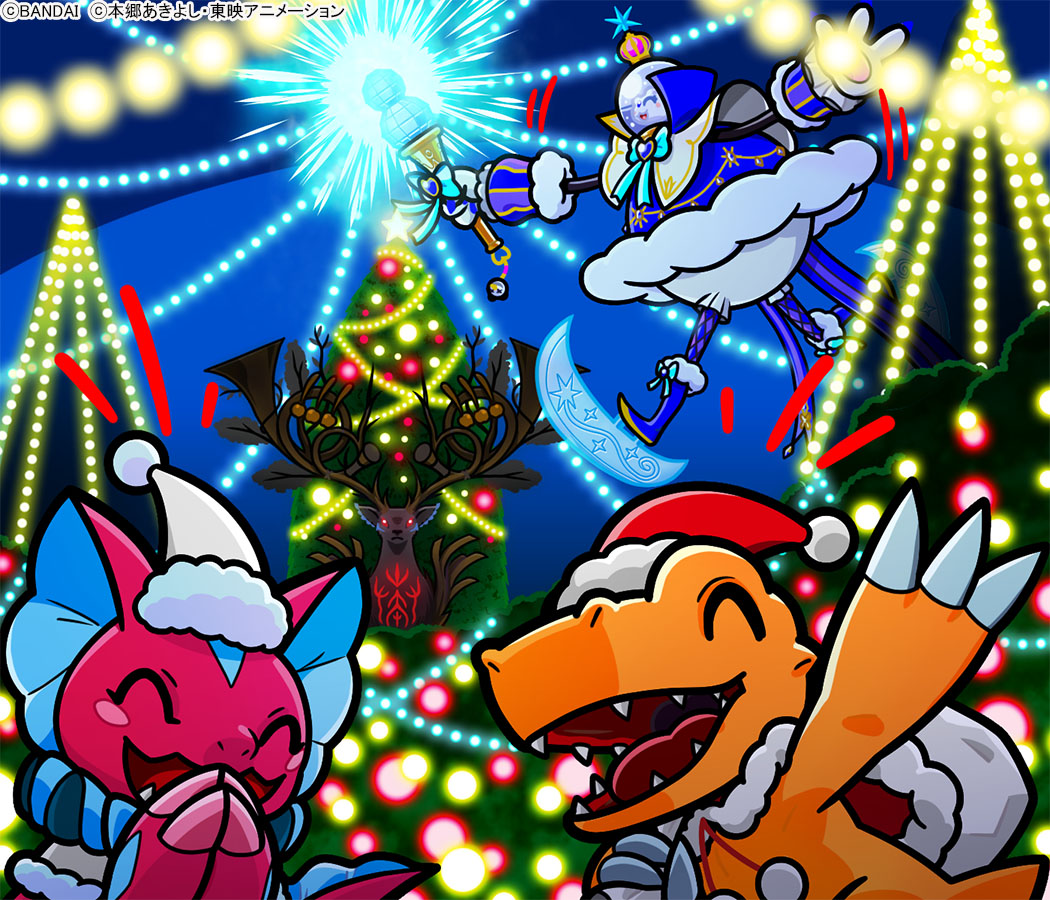 agumon, antlers, blush_stickers, cernumon, christmas, christmas_tree, closed_eyes, digimon