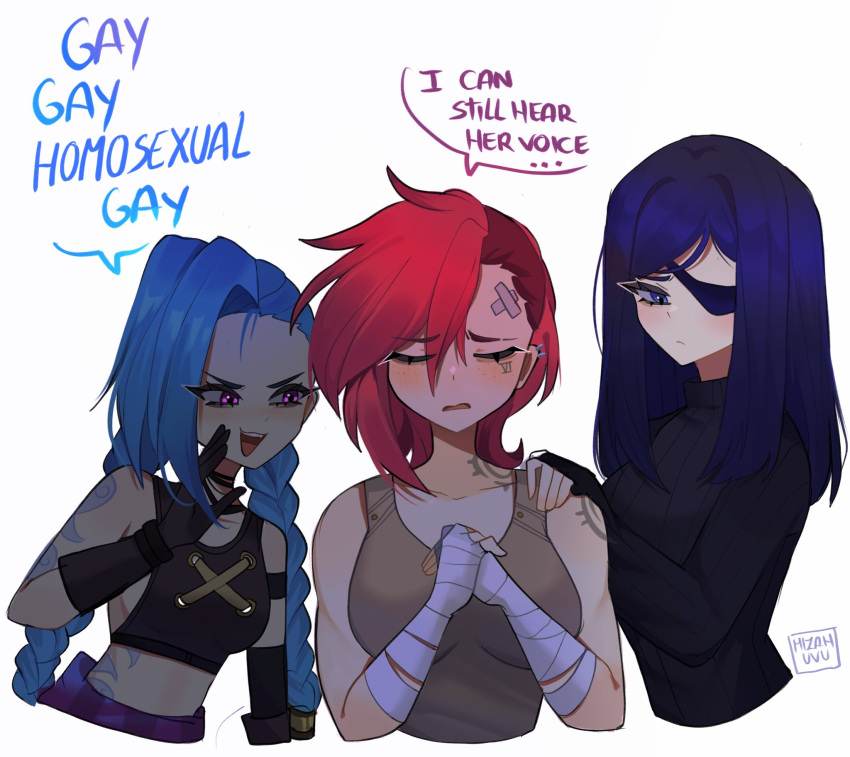 3girls, :d, arcane:_league_of_legends, arcane_jinx, arcane_vi, arm_tattoo, bandaged_arm, bandages