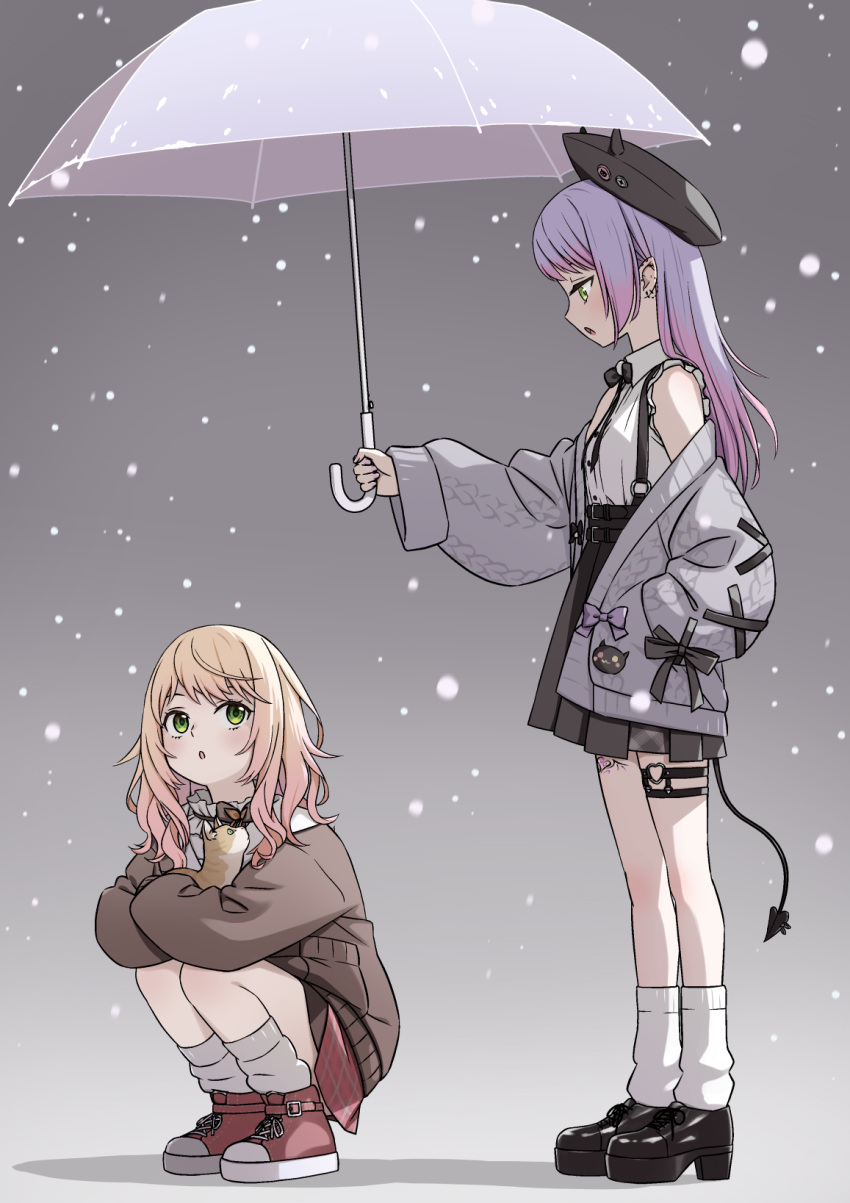 2girls, :o, animal, black_footwear, black_ribbon, black_skirt, blonde_hair, brown_cardigan