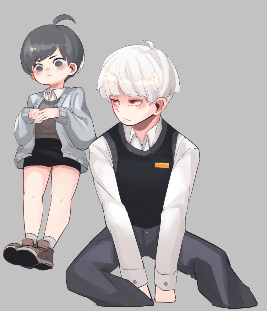 2boys, ahoge, badge, black_sweater_vest, blunt_bangs, cardigan, crossed_hands, green_eyes