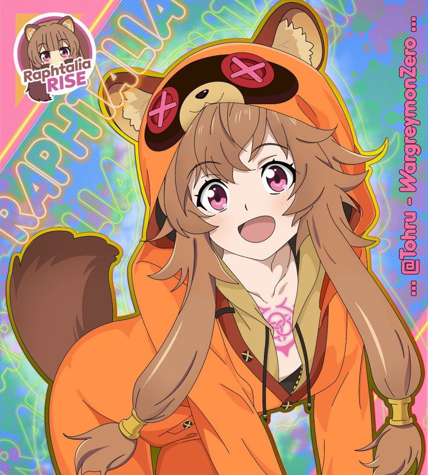 1girl, :d, abstract_background, animal_ears, artist_name, blue_background, blush, brown_hair