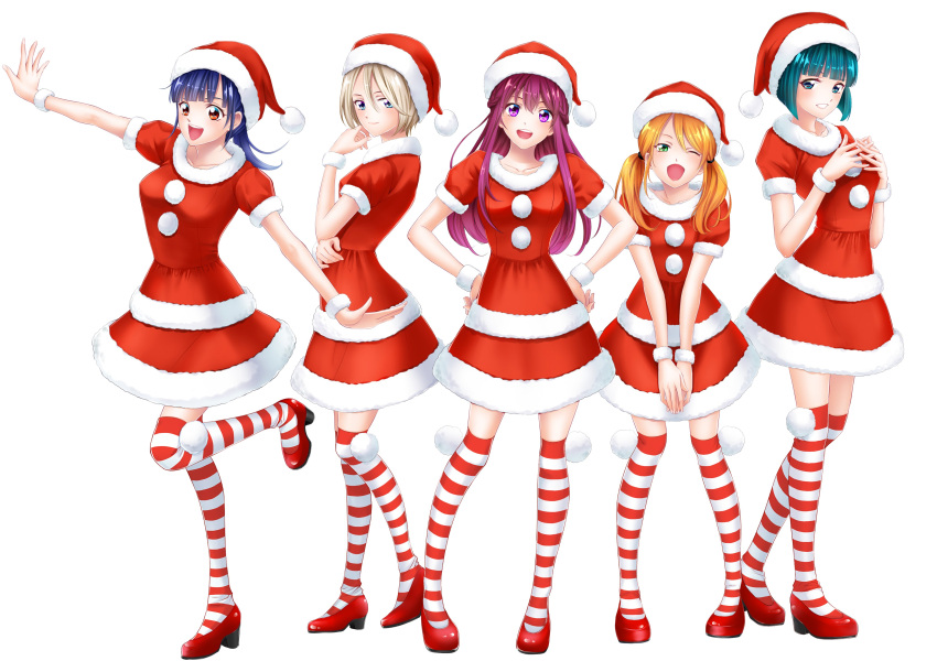 5girls, absurdres, blonde_hair, blue_eyes, blue_hair, bracelet, dark_blue_hair, dress, full_body, fur-trimmed_dress, fur-trimmed_headwear, fur_bracelet, fur_trim, green_eyes, grey_hair, hat, high_heels, highres, hououji_akane, jewelry, long_hair, looking_at_viewer, makuzawa_ouka, megami_no_cafe_terrace, multiple_girls, one_eye_closed, ono_shiragiku, orange_eyes, purple_hair, red_dress, red_footwear, red_hat, red_thighhighs, santa_hat, seo_kouji, shoes, short_hair, short_sleeves, simple_background, standing, striped_clothes, striped_thighhighs, thigh-highs, tsukishima_riho, tsuruga_ami, twintails, violet_eyes, white_background, white_thighhighs