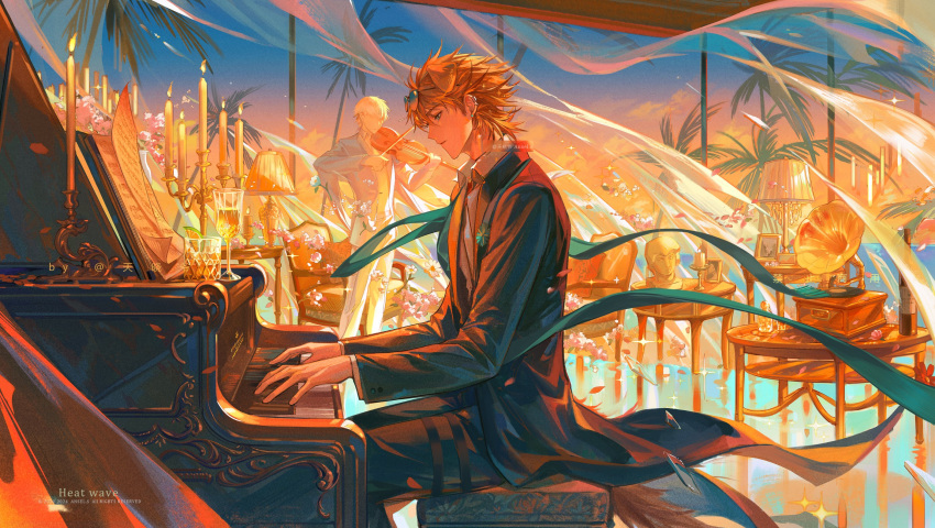 1boy, 1other, ahoge, alcohol, ambience_synesthesia, animal_ears, arknights, arm_up
