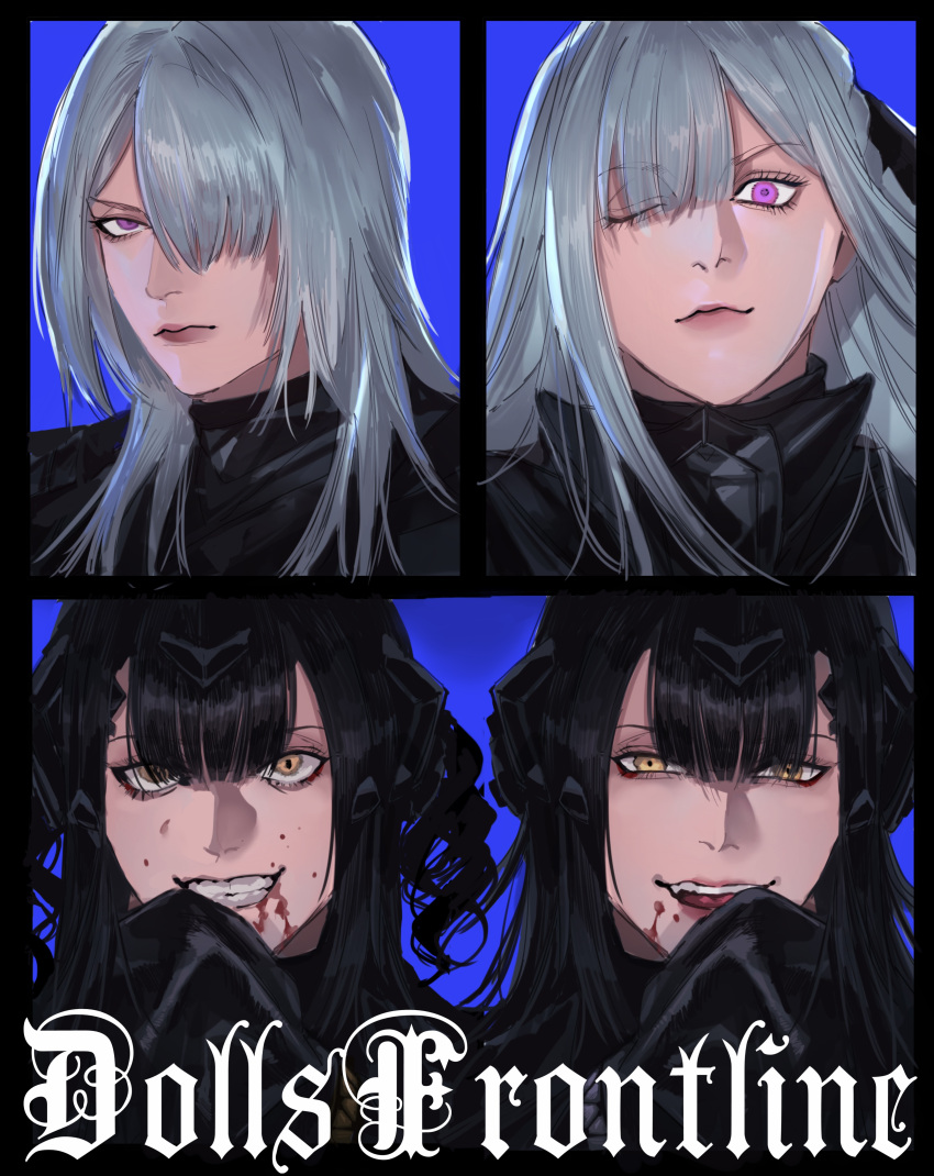 4girls, absurdres, ak-12_(girls'_frontline), ak-15_(girls'_frontline), black_hair, blood, blood_on_face, copyright_name