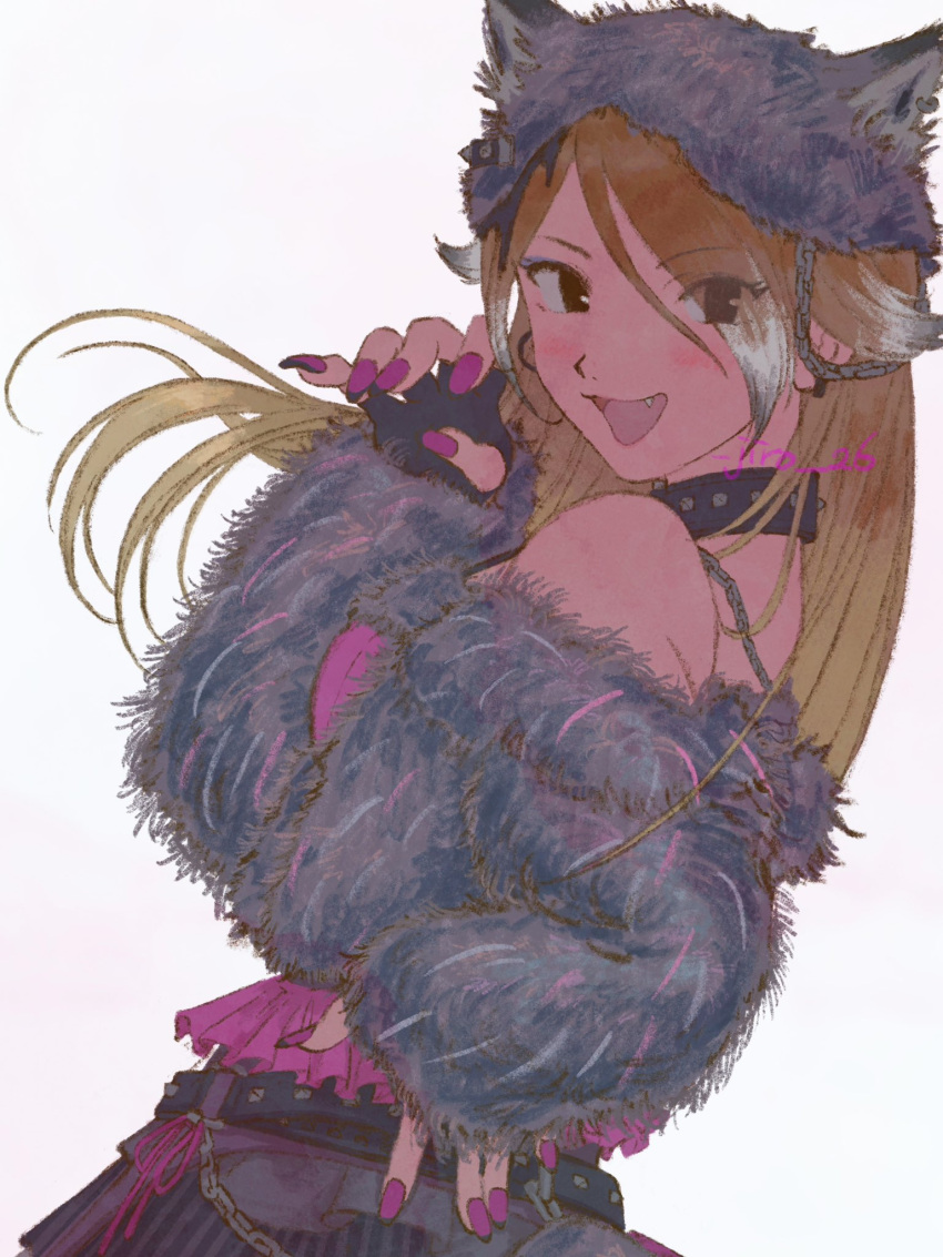 1girl, :3, alternate_hairstyle, animal_ear_headwear, animal_ears, bare_shoulders, belt, black_belt