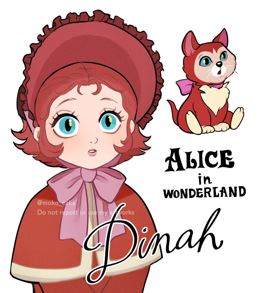 absurdres, alice_in_wonderland, bonnet, bow, brown_dress, brown_fur, brown_hair, capelet, cat, dinah_(alice_in_wonderland), disney, dress, frilled_bonnet, frills, green_eyes, highres, looking_up, moko_eaka, personification, pink_bow, slit_pupils