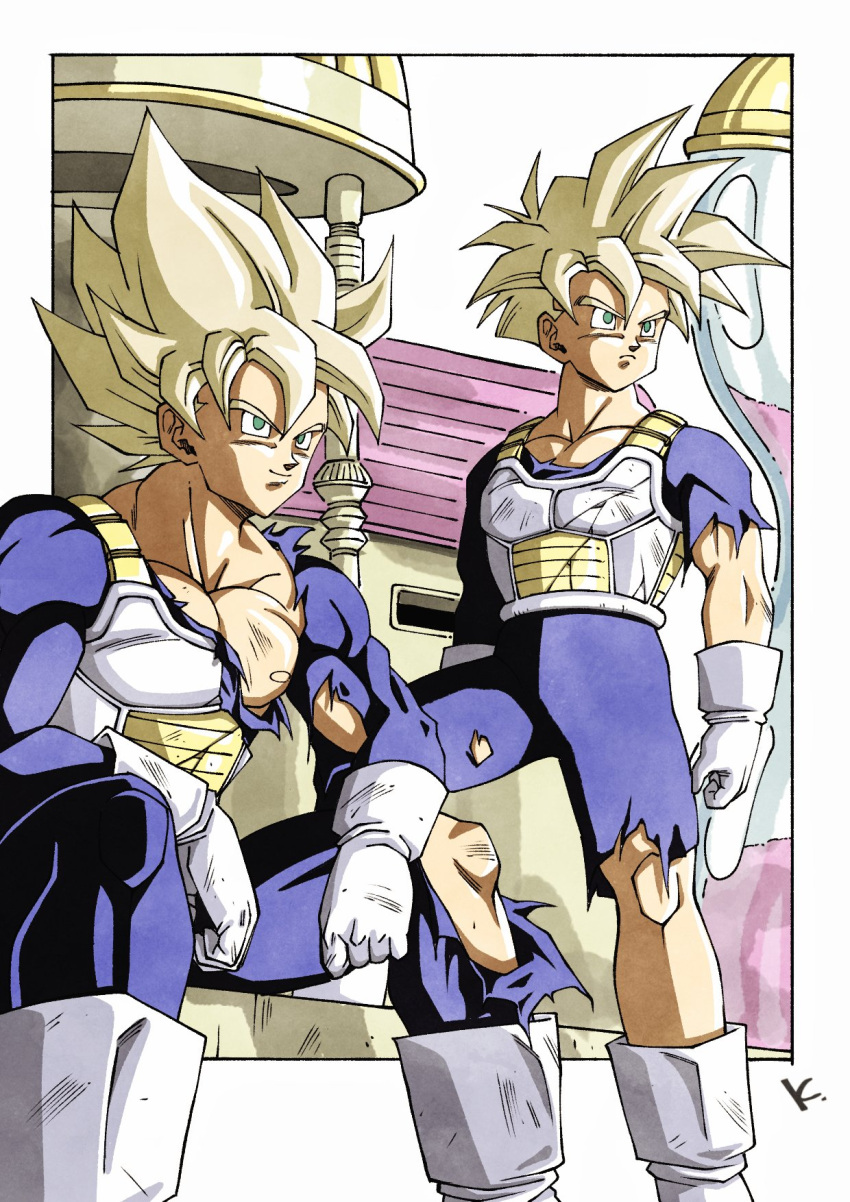 2boys, blonde_hair, blue_bodysuit, bodysuit, border, dragon_ball, dragon_ball_z, father_and_son