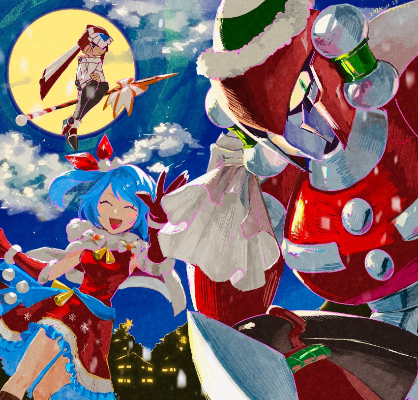 1boy, 2girls, armor, bit_(mega_man), blue_hair, breasts, cairngorm999, christmas