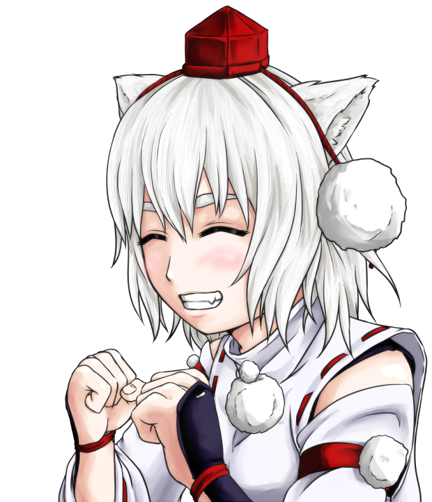 amogiri, clenched_hands, closed_eyes, eyes_closed, fist, grin, inubashiri_momiji, kote, smile, solo, touhou, transparent_background