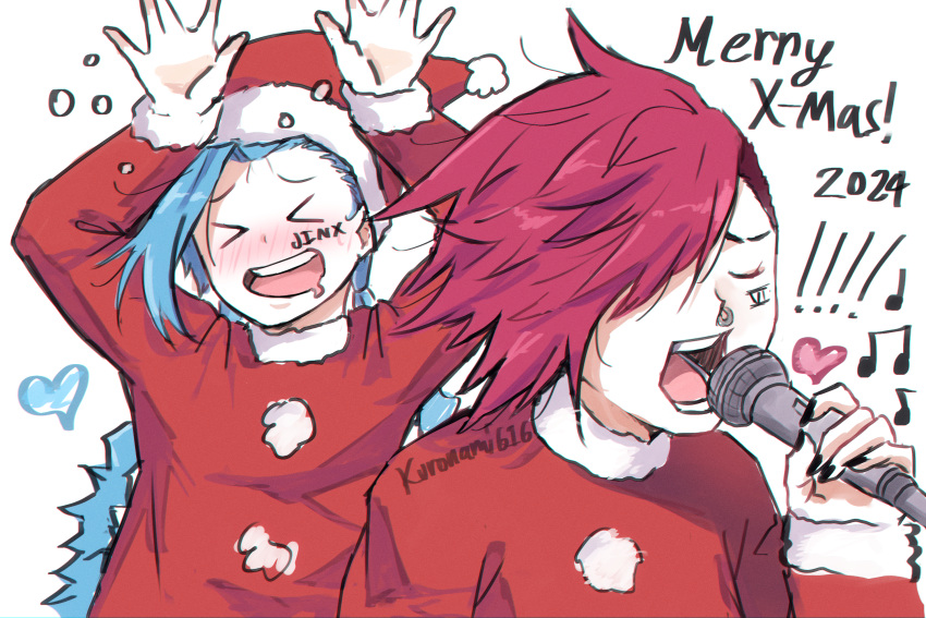 >_<, 2girls, arcane:_league_of_legends, arcane_jinx, arcane_vi, blue_hair, christmas, closed_eyes