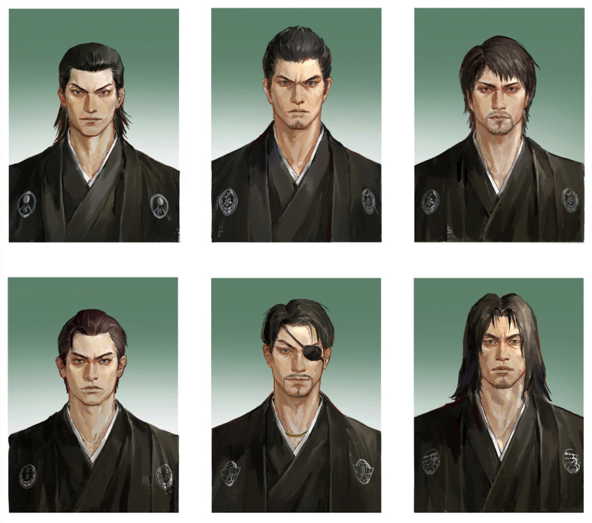 6+boys, black_hair, black_kimono, dojima_daigo, expressionless, eyepatch, fuboku_(pixiv_15351590), japanese_clothes