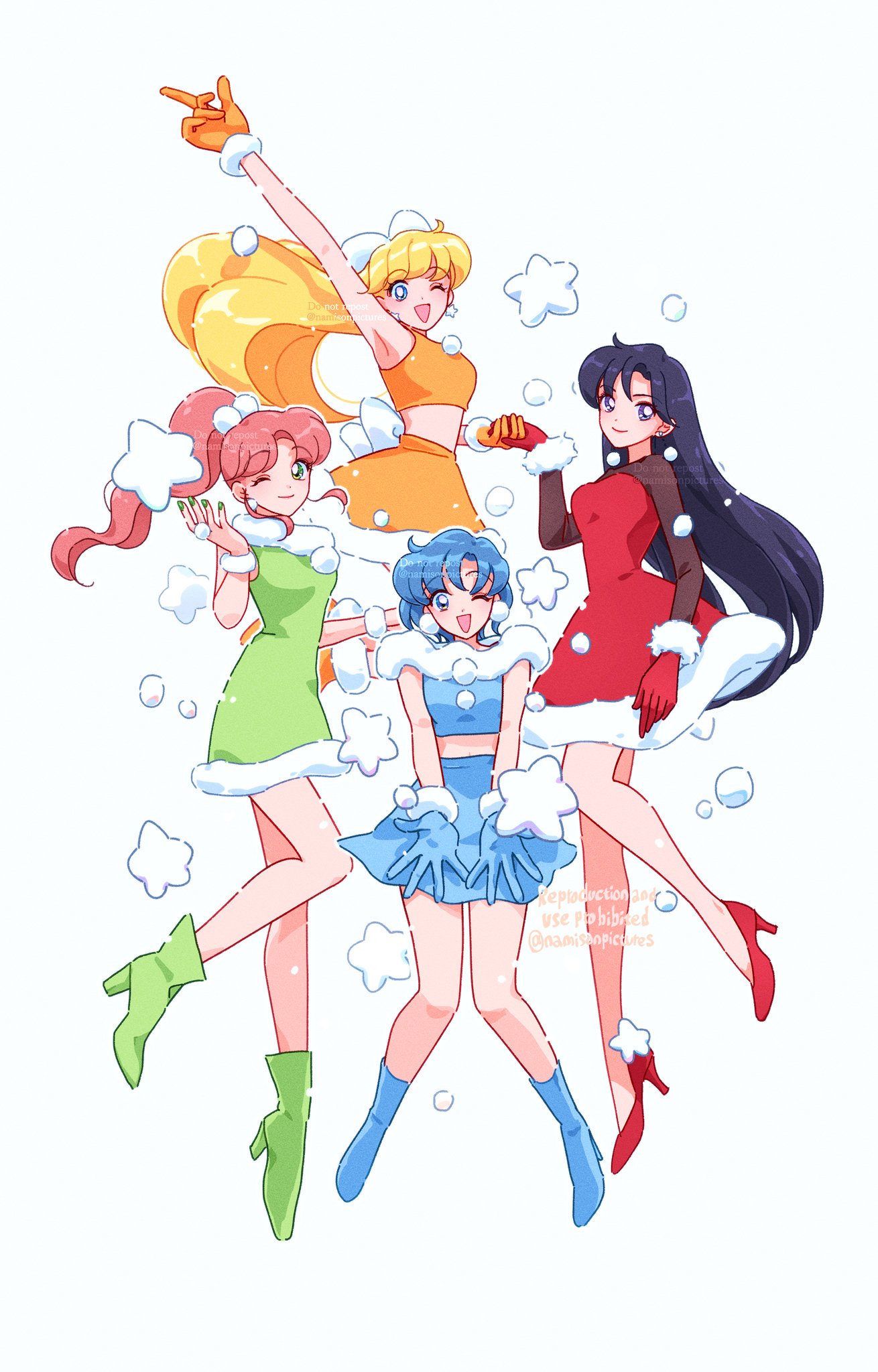 4girls, aino_minako, bishoujo_senshi_sailor_moon, black_hair, blonde_hair, blue_gloves, blue_hair, blue_skirt