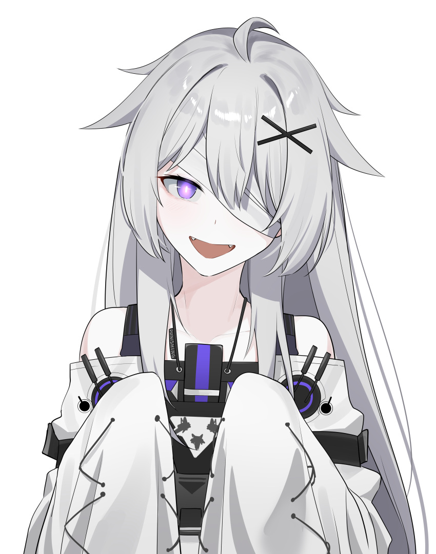 1girl, absurdres, aurilia_(user_8748), bandage_over_one_eye, evil_smile, fang, glowing, glowing_eye