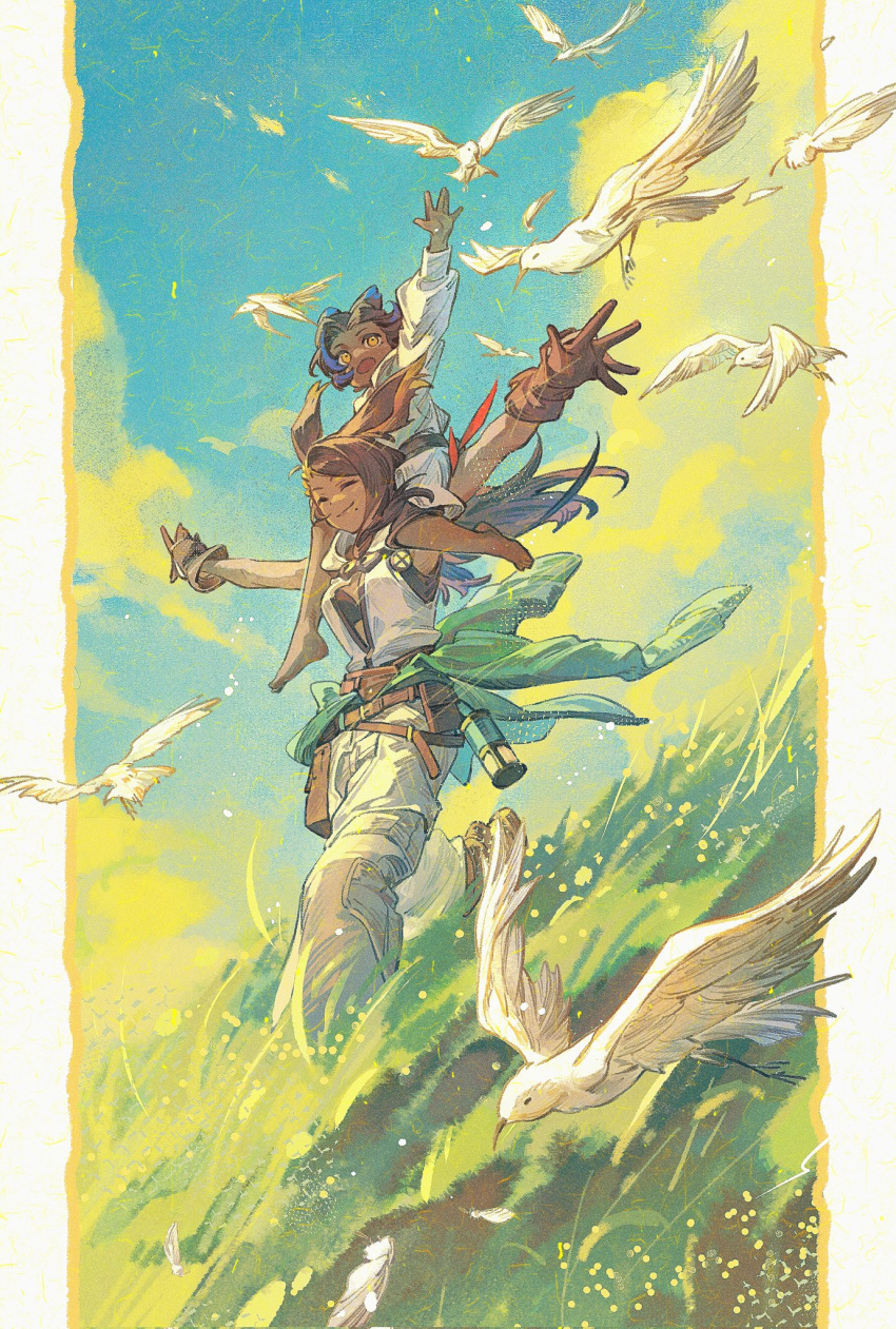1boy, 1girl, ^_^, aged_down, animal_ears, arm_up, belt_pouch, bird
