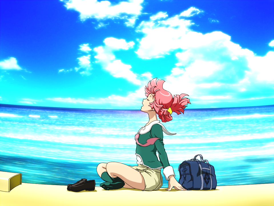boxy, closed_eyes, eyes_closed, hair_ornament, ocean, pink_hair, school_uniform, sky