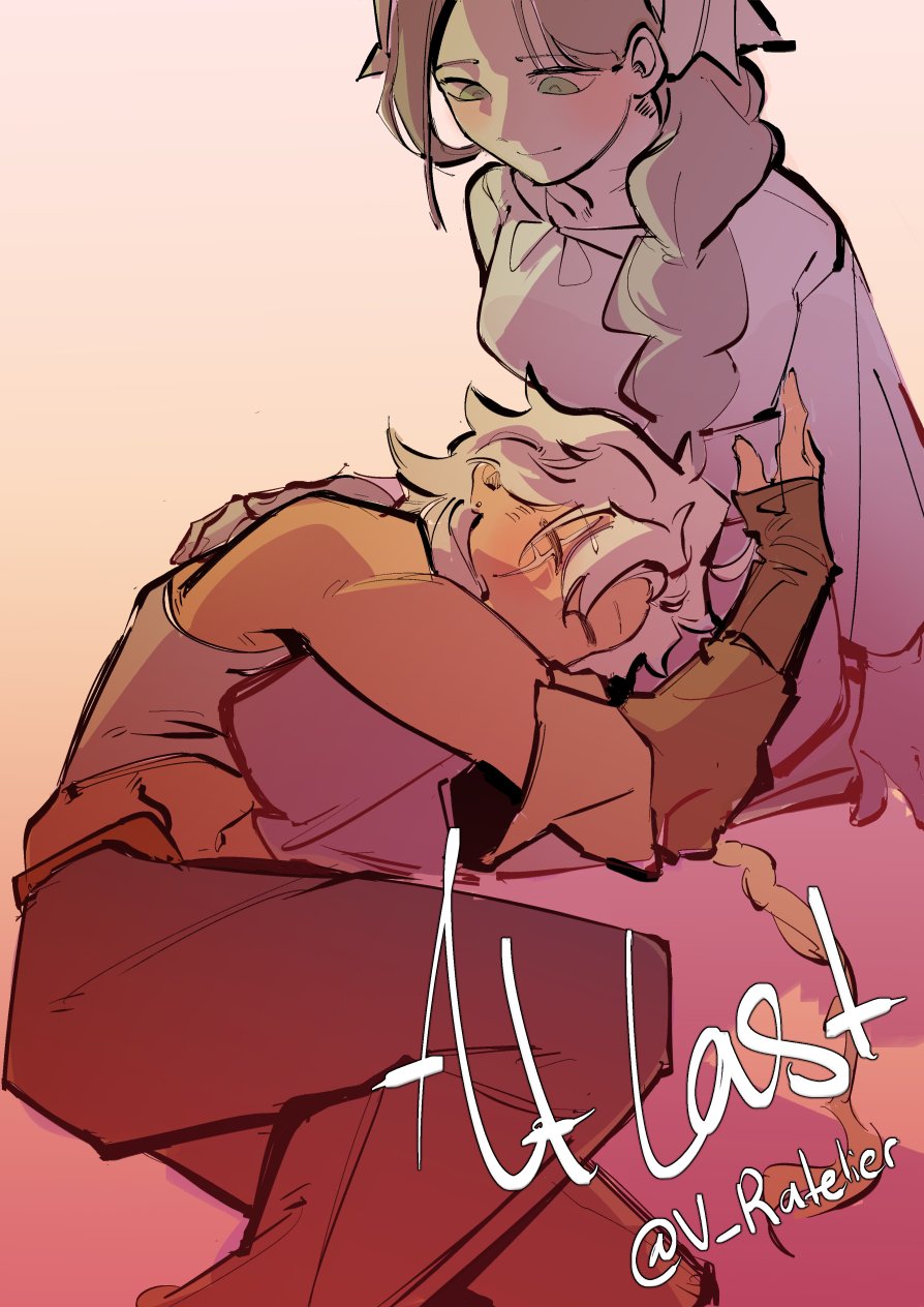 2girls, argus_(reverse:1999), artist_name, blonde_hair, braid, brown_gloves, brown_hair, closed_eyes